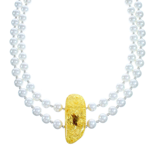 Sterling Silver Mother Of Pearl and Amber Bead Necklace KX121133
